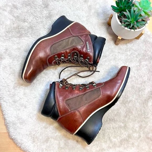 *🎉HP 🎉 Timberland | Brown Leather Square Toe Lace-Up Wedge Boots Size 6.5 - Picture 3 of 10